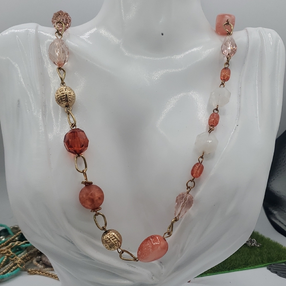 Elegant Gold Tone and Pink Beaded Necklace 48 Inch N3839 Easter Colors